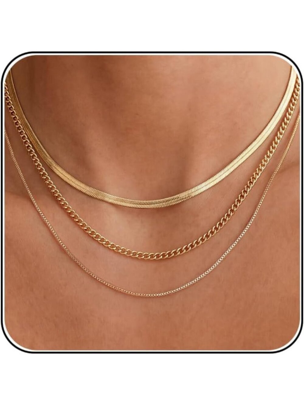 Layered Gold Plated Necklaces for Women - Chunky Herringbone & Snake Chains
